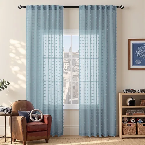 Vista 28 de Cortinas Beige Semitransparentes de 63 Pulgadas de Largo para Dormitorio, Sala de Estar, Guardería Infantil, Ventana con Diseño de Pompón