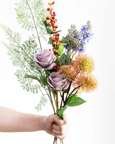 Vista 6 de DuHouse 10 rosas falsas de seda artificial, color morado otoñal Púrpura Otoño