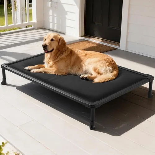 Vista 8 de Veehoo Cama elevada para perros a prueba de masticaciones, catre elevado duradero para mascotas con tapete impermeable relleno de algodón de Gris