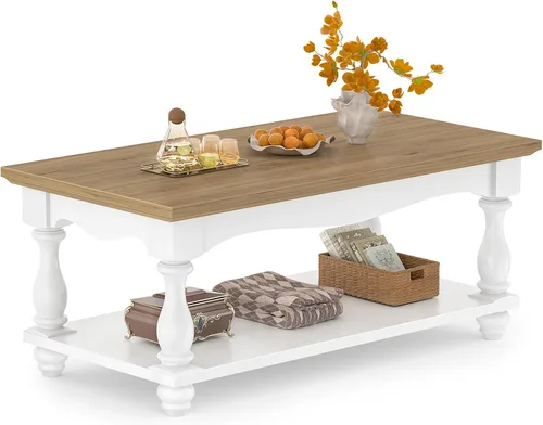Vista 9 de Besiost Mesa auxiliar de 47 pulgadas con almacenamiento, diseño de granja de 2 niveles, patas de madera maciza, mediados de siglo para sala de Negro