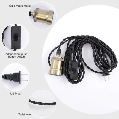 Vista 3 de Kit de luz colgante con cable enchufable con interruptor, Luces Colgantes Estilo Granja con cable de alimentación de 19.68 pies de longitud, Cable