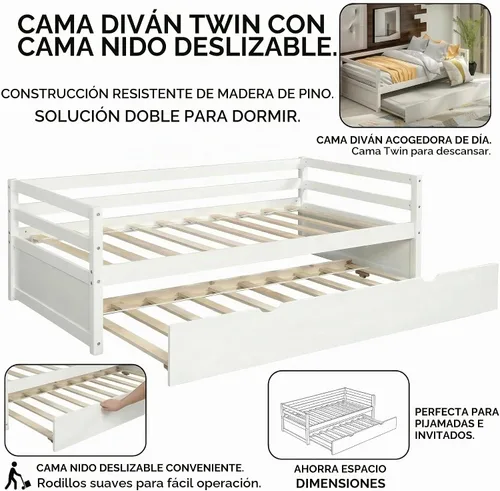 Vista 4 de Merax Sofá cama tamaño individual con nido, marco de sofá cama de madera maciza, color blanco