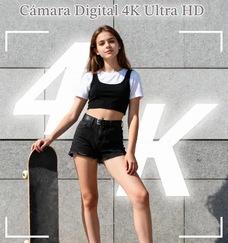 Vista 2 de Cámara digital 4K, cámara digital compacta digital de enfoque automático, zoom digital de 16X, cámara de viaje mejorada con tarjeta SD de 64 GB, 2