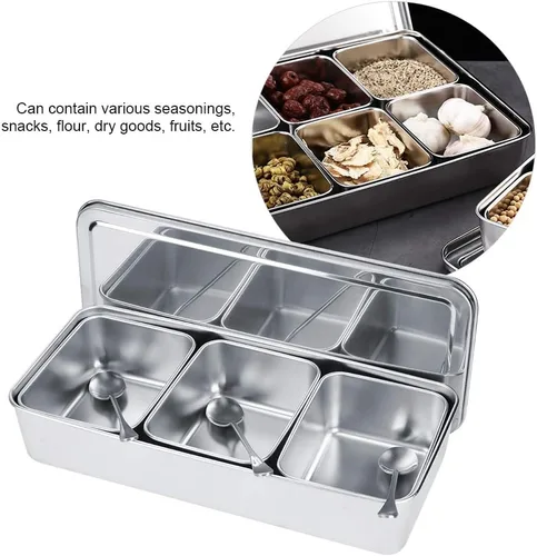 Vista 6 de Servidor de condimentos, tarro de condimentos de acero inoxidable de grado alimenticio de 21 onzas con cuchara y tapa, 3 compartimentos extraíbles
