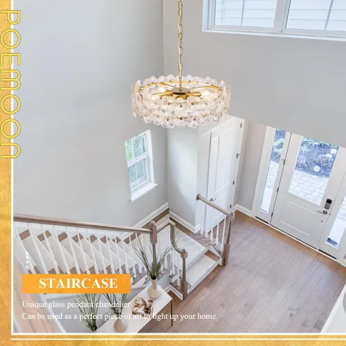 Vista 7 de Moderno candelabro de cristal transparente de flores de 20 pulgadas, elegante, 6 luces, lámpara dorada de lujo para sala de estar, comedor, cocina