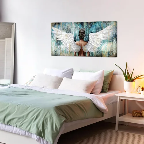 Vista 5 de LevvArts Lienzo decorativo para pared, diseño de mujer negra con alas de ángel, impresiones de pintura de niña negra, obras de arte rústicas