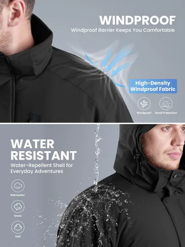 Vista 4 de Abrigos de invierno para hombre, chaqueta parka con capucha abrigada, impermeable, forrada con forro polar para nieve y esquí