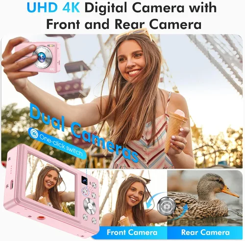 Vista 4 de 4K Digital Camera, 64MP Autofocus Vlogging Camera with Dual Lens, Pink Rosa