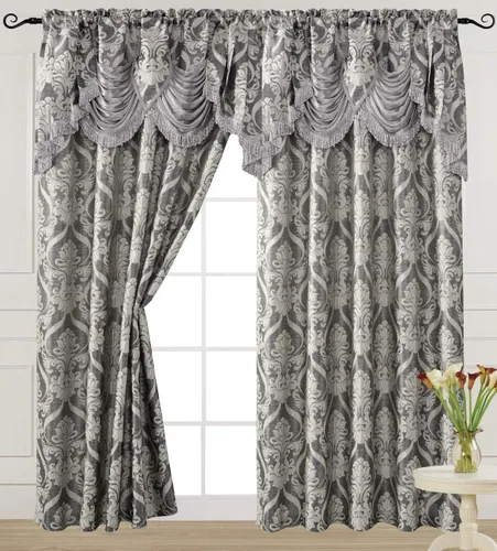 Vista 9 de V Panel de cortina jacquard de lujo con cenefa de cascada adjunta, 54 x 84 pulgadas, color beige Ashley