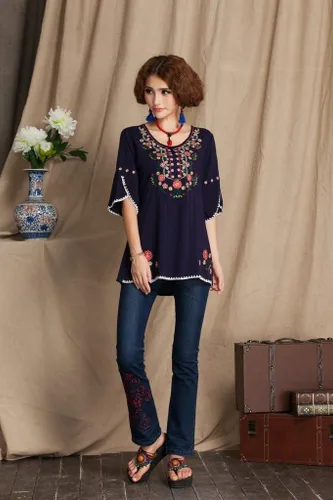 Vista 3 de Blusa mexicana estilo bohemio bordada para mujer