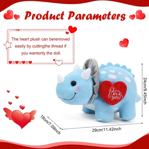 Vista 3 de Syhood Dinosaurio de peluche Love You de 12 pulgadas con corazón rojo, lindos animales de peluche para novia, juguetes de peluche de dinosaurio azul