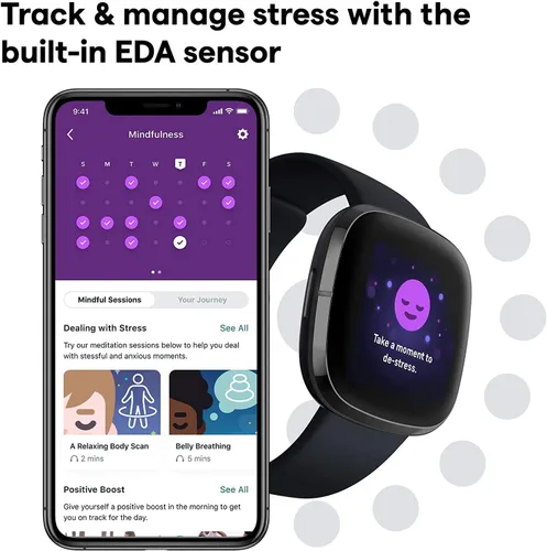 Vista 3 de Fitbit Sense Health & Fitness - Reloj inteligente con GPS, llamadas y mensajes de texto Bluetooth, frecuencia cardíaca SpO2, ECG, temperatura