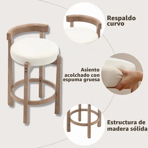 Vista 4 de DUOMAY Juego de 2 taburetes de bar modernos de 26 pulgadas de altura de mostrador, taburetes redondos de madera sin brazos, taburete de isla de Beige