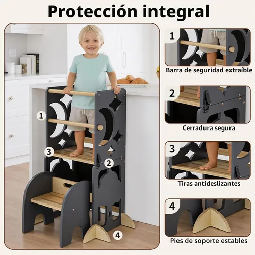 Vista 4 de COSYLAND - Taburete de cocina 4 en 1 para niños pequeños Elefante gris y natural