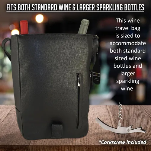 Vista 4 de Primeware Vino2 - Bolsa de mensajero de cuero con dos botellas (negro)
