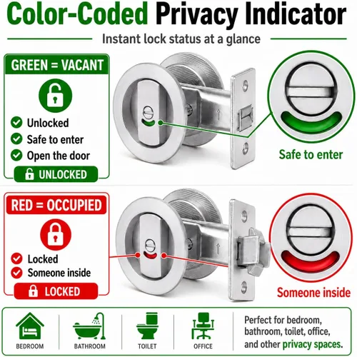 Vista 2 de Dontay Cerradura de indicadores codificados por color para puerta de bolsillo, cerradura de manijas de privacidad (cama/baño), fondo de 2-3/8 Níquel