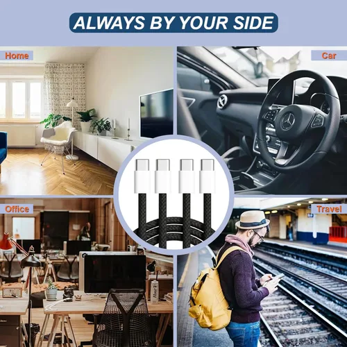 Vista 6 de Paquete de cables USB C a USB C, 2 cables azules + 2 blancos + 2 cables de carga rápida trenzados negros de 3.3 pies, cable PD tipo C de 60 W