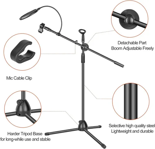 Vista 6 de Soporte de micrófono de trípode portátil resistente ajustable con 2 clips y filtro pop para cantar, actuar y actividades al aire libre