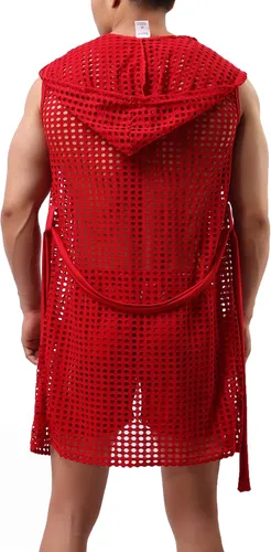 Vista 2 de Bata de baño sexy para hombre, con capucha, malla transparente