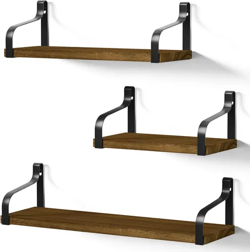Vista 10 de Love-KANKEI Estantes flotantes montados en la pared de madera rústica, juego de 3 estantes para dormitorio, sala de estar, baño, cocina, color negro