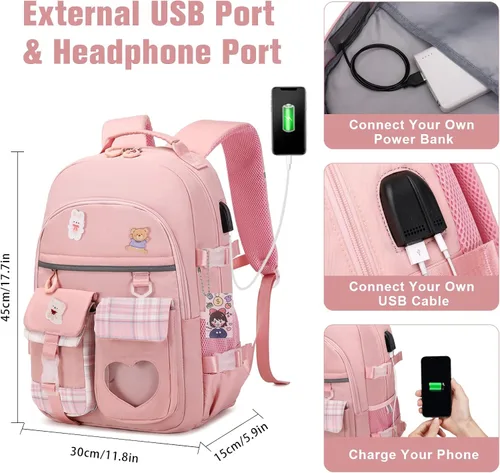 Vista 4 de Mochila para niñas - Mochilas para libros y mochila escolar para niñas, Rosado, Mochilas Daypack