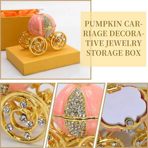 Vista 4 de Caja de joyería de carro de calabaza de diamante de plata, carro de calabaza de Cenicienta decorativo con bisagras caja de baratija de joyería