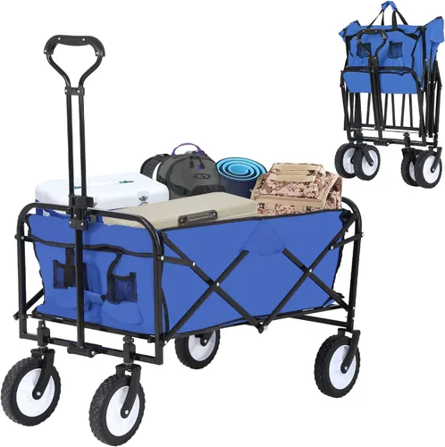 Vista 8 de HKLGorg Carrito plegable con ruedas, resistente, portátil, plegable, con asa, para campamento, comestibles, playa, (azul)