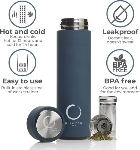 Vista 8 de Pure Zen Tea Botella de té de doble tapa de vidrio - Termo de té de acero inoxidable