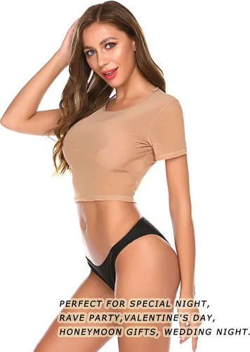 Vista 3 de Avidlove Camiseta corta de malla para mujer manga corta ajustada transparente cuello redondo ropa de club Blanco