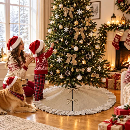 Vista 6 de Falda de Árbol de Navidad de Otoño de Arpillera con Borde de Volantes, 122 cm de Lino Rústico para Decoración de Granja, Adornos de Navidad