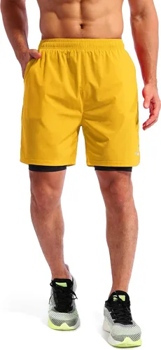 Vista 2 de Pudolla Mens 2 in 1 Running Shorts 7" Quick Dry Gym Athletic Workout Shorts for Men with Phone Pockets