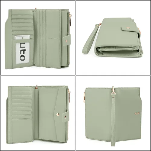 Vista 4 de UTO Cartera de cuero vegano para mujer, cartera larga con broche de presión, tarjetero de crédito, elegante embrague
