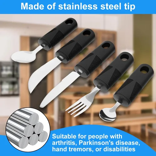 Vista 4 de Juego de utensilios adaptativos, suministros especiales pesados, utensilios de Parkinson, agarre débil y ayudas para discapacitados y Parkinson