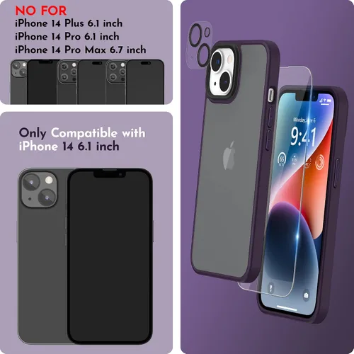 Vista 2 de Funda compatible con iPhone 14 con protector de pantalla, cuerpo completo, a prueba de golpes, con protector de cámara, translúcido mate, funda