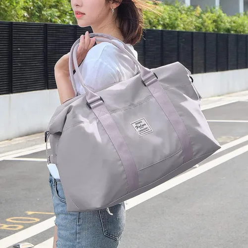 Vista 8 de Bolsa de viaje deportiva grande para gimnasio, bolsa de mano para mujer, bolsa de fin de semana, Gris, Moda