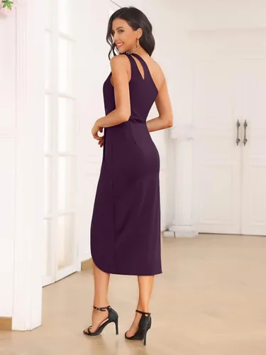 Vista 5 de LILLUSORY Vestido de cóctel sexy de verano 2023 con un hombro descubierto para mujer, sin mangas, fruncido, con abertura, vestido de cóctel por
