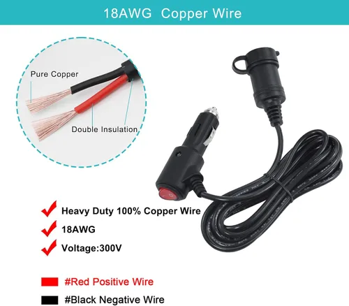 Vista 3 de Cable de extensión de encendedor de cigarrillos CC de 10 pies y 12 voltios con interruptor de encendido y apagado, cable de extensión de carga