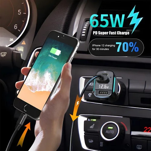 Vista 3 de Cargador de coche USB C, cargador de coche rápido de 3 puertos PD3.0 y QC3.0 con pantalla digital LED, adaptador de carga rápida para encendedor