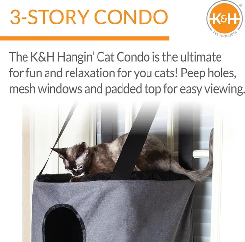 Vista 3 de K&H Pet Products Árbol colgante para gatos de 3 niveles, muebles para gatos montados en la puerta, ahorro de espacio, nivel de malla, agujeros