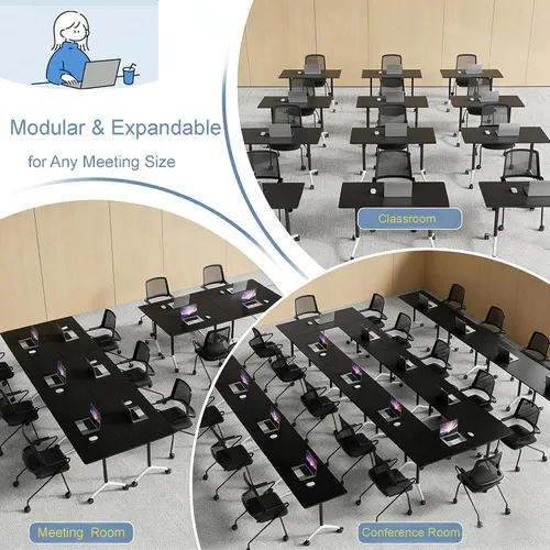 Vista 6 de Mesa de conferencias plegable, mesas de sala de conferencias con ruedas, mesa rectangular grande y plegable para reuniones de 6 a 12 personas, mesa