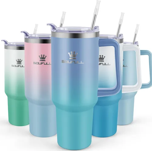 Vista 18 de Vaso de 40 onzas con asa y tapa con popote, taza de café de viaje 100% a prueba de fugas, taza aislada de acero inoxidable para bebidas frías