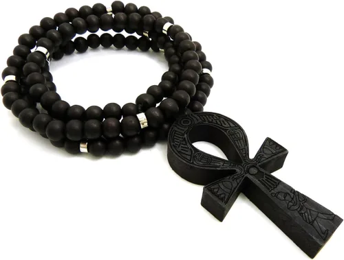 Vista 4 de Collar de cuentas de madera de 0.315in de 0.315in de 35.8in con diseño de llave de vida de Egipto, color negro, marrón