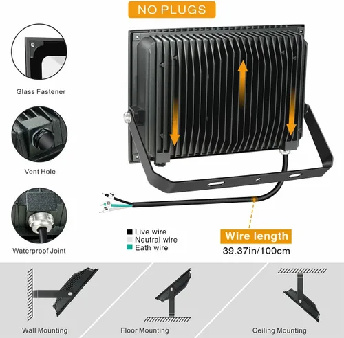 Vista 4 de SOLLA Paquete de 2 luces LED de 100 W, 10000 lm 3000 K, luz de inundación exterior blanca cálida, lámpara de inundación para interiores