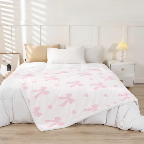 Vista 2 de Manta de franela rosa con lazo, estilo princesa, manta de forro polar de ensueño para decoración del hogar, sofá, sofá, manta romántica de forro
