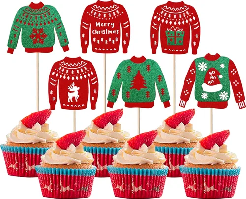 Vista 33 de Paquete de 24 Adornos Navideños Oh Baby para Cupcakes con Sombrero de Navidad con Purpurina, Palillos de Comida para Baby Shower para Niños y Niñas