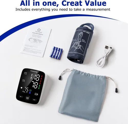 Vista 7 de CareLiving Monitor de presión arterial, monitores de presión arterial superior del brazo para uso doméstico, memoria de lecturas de 2 x 199, puño
