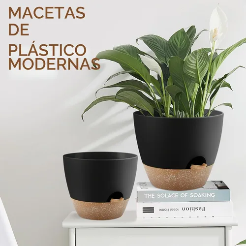 Vista 6 de YNNICO Macetas de 10/9/8/7.5/7 pulgadas, macetas de riego automático con agujeros de drenaje y platillos para plantas de interior y exterior (negro)