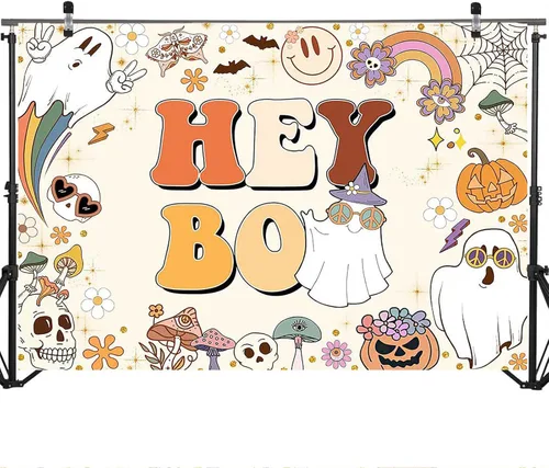Vista 3 de Mocsicka Hey Boo - Telón de fondo Groovy para Halloween, baby shower, decoración de fiesta de bebé, fondo lindo de calabazas de Halloween, baby