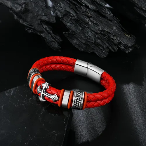 Vista 5 de Raymard Pulsera de cuero de doble fila cristiana para hombre - negrorojodorado y azul marino trenzado pulsera para hombres