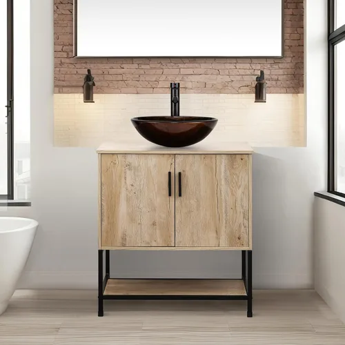 Vista 10 de UEV Juego de tocador de baño antiguo de 24 pulgadas, color marrón oscuro con lavabo, armario de baño de madera de hierro con grifo de temperatura